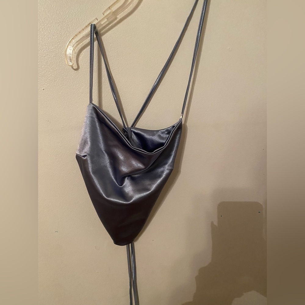 silk blue top with lace up back